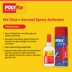Polyfix MV Glue + Aerosol Spray Activator Combo Kit: The Ultimate High-Viscosity Adhesive Solution for Multiple Materials - 125g+500ml